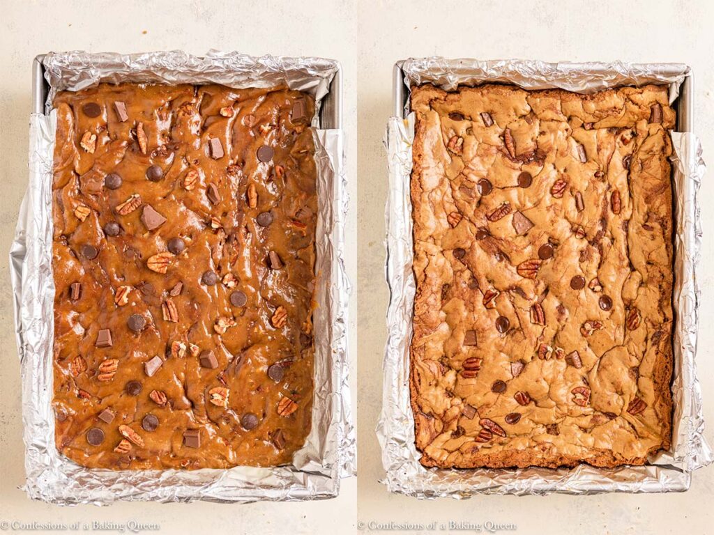biscoff blondies before and after baking on a white surface