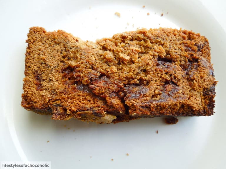 Biscoff Chocolate Chip Banana Bread slice on a white plate