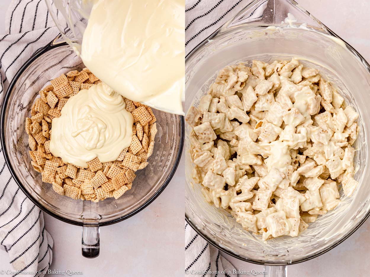 melted white chocolate poured on top of rice chex cereal and then folded to completely coat the cereal in a glass bowl on a light pink surface with a white and blue stripped linen