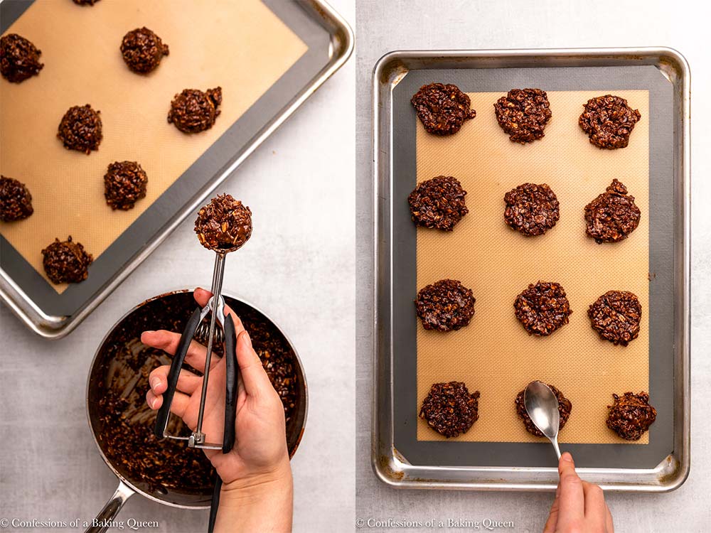 no bake peanut butter cookies being scooped on to a cookie sheet and a spoon flattening them