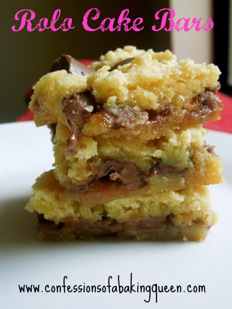 close up of rolo cake bars stacked on top of each other 