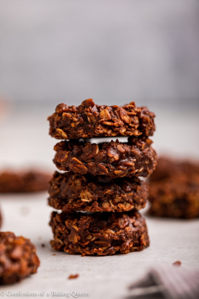 stack of no bake chocolate peanut butter cookies