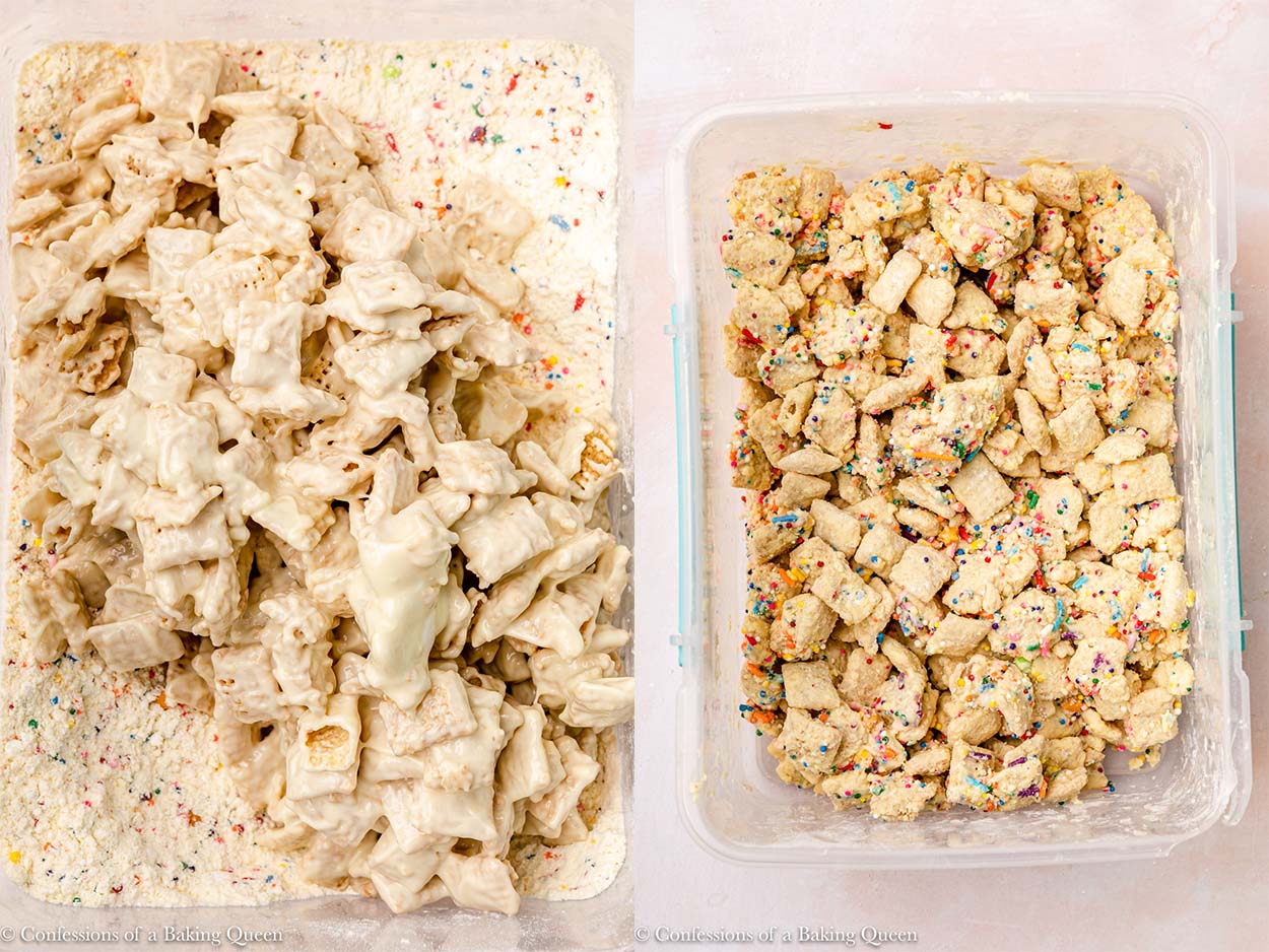 white chocolate chex mix poured into cake batter mixture then shaked until fully coated on a light pink surface