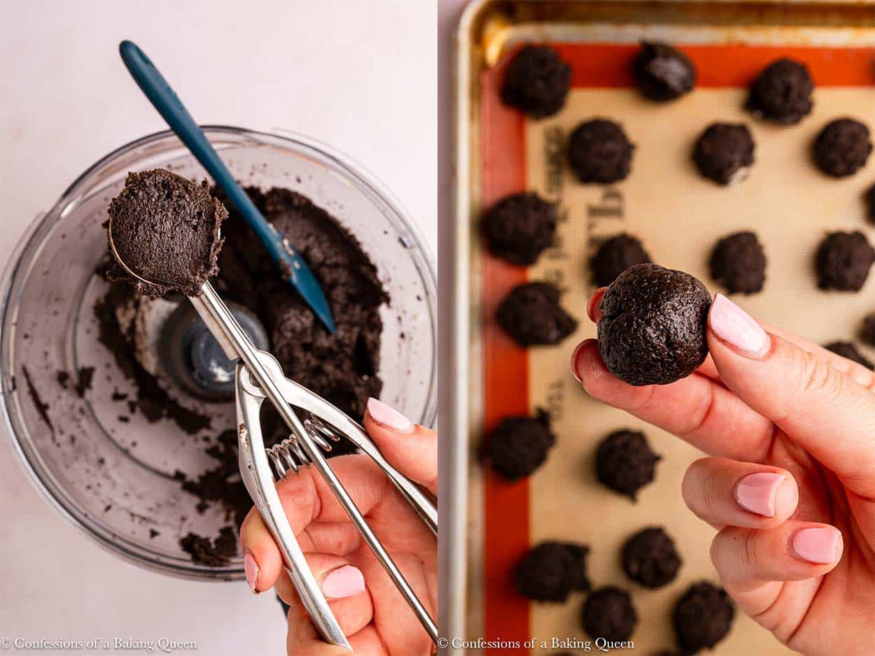 oreo balls scooped and rolled from a food processor then put on a silpat lined baking sheet.