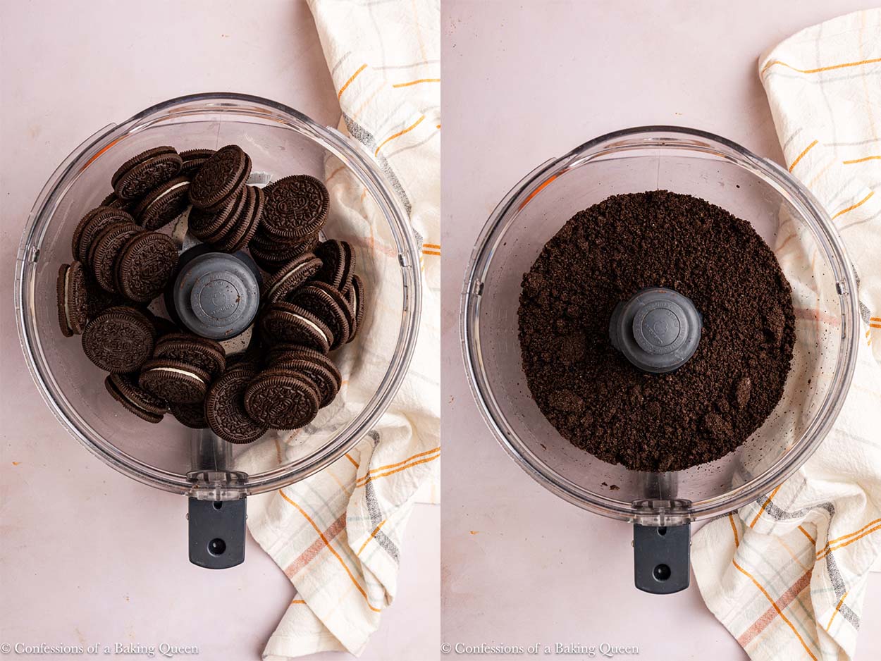 oreos crushed into food crumbs in a food processor on a light surface with a light linen.