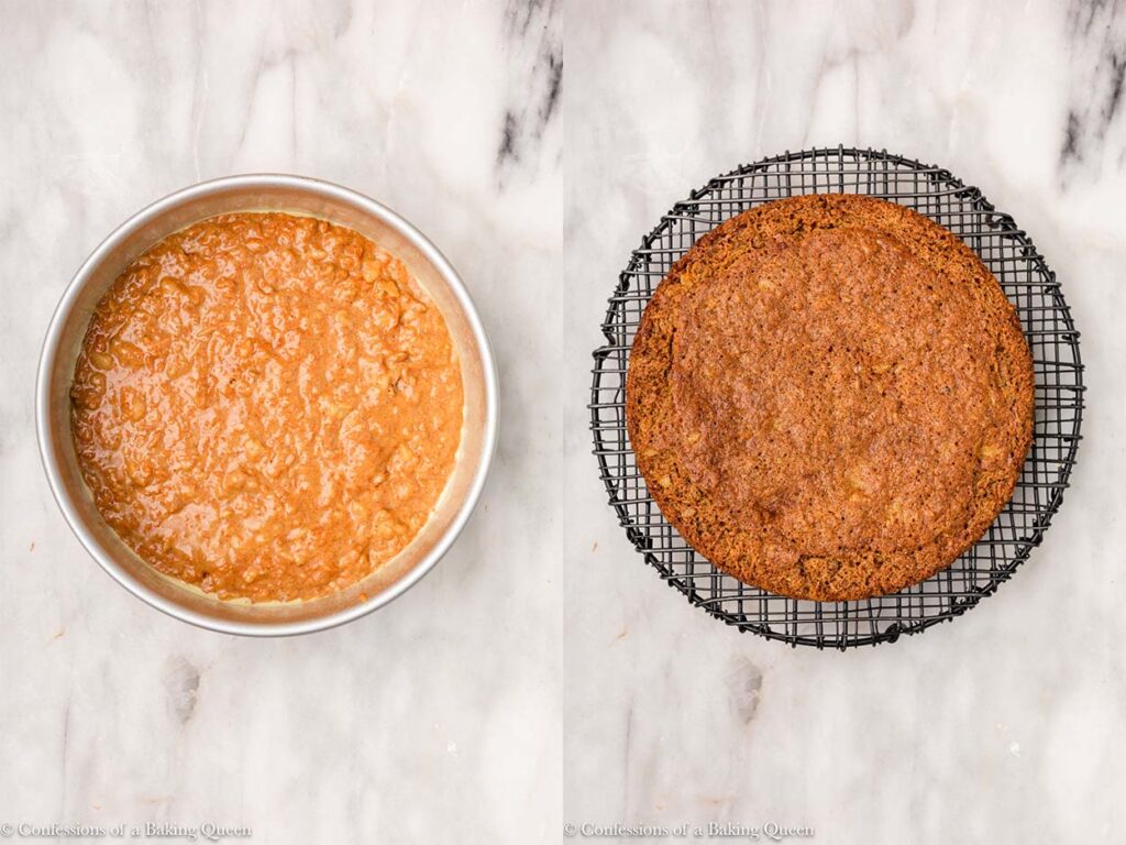 carrot cake before and after baking on a white marble surface