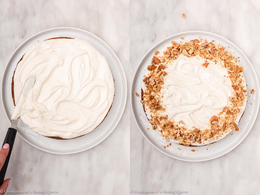 cream cheese frosted spread on to carrot cake with a small angled spatula then roasted walnuts added on top on a white marble surface