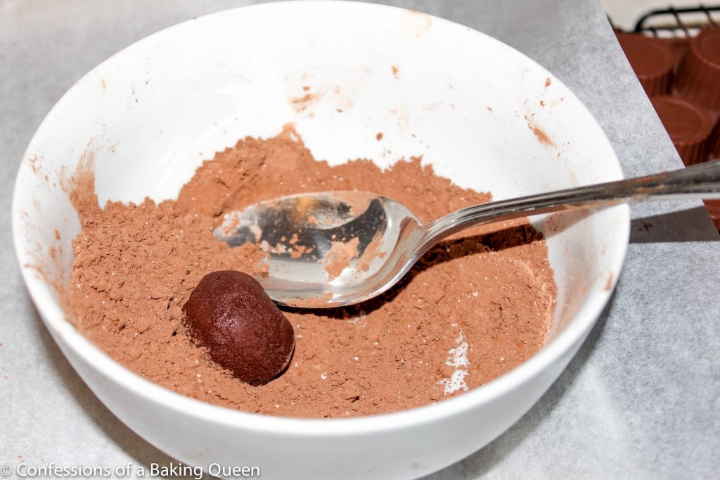 baileys truffle in a white bowl of cocoa powder with a large spoon