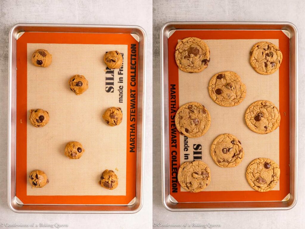 brown butter chocolate chip cookies before and after baking on a light grey surface