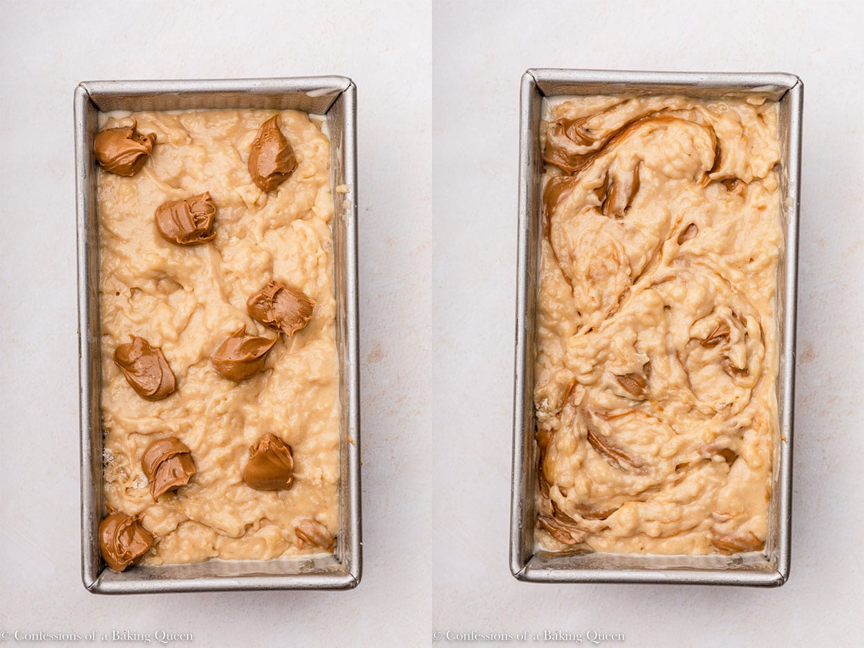 cookie butter swirled into banana bread batter on a light surface