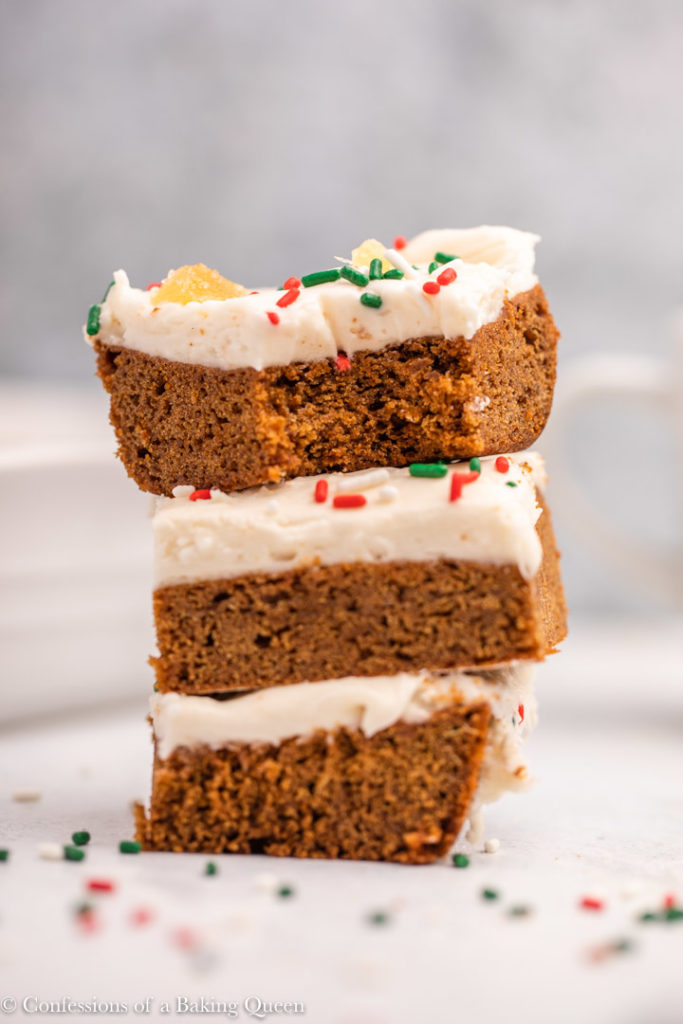 three cream cheese frosted gingerbread brownies