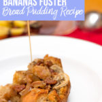 bananas foster bread pudding in a large bowl with caramel dripping on it