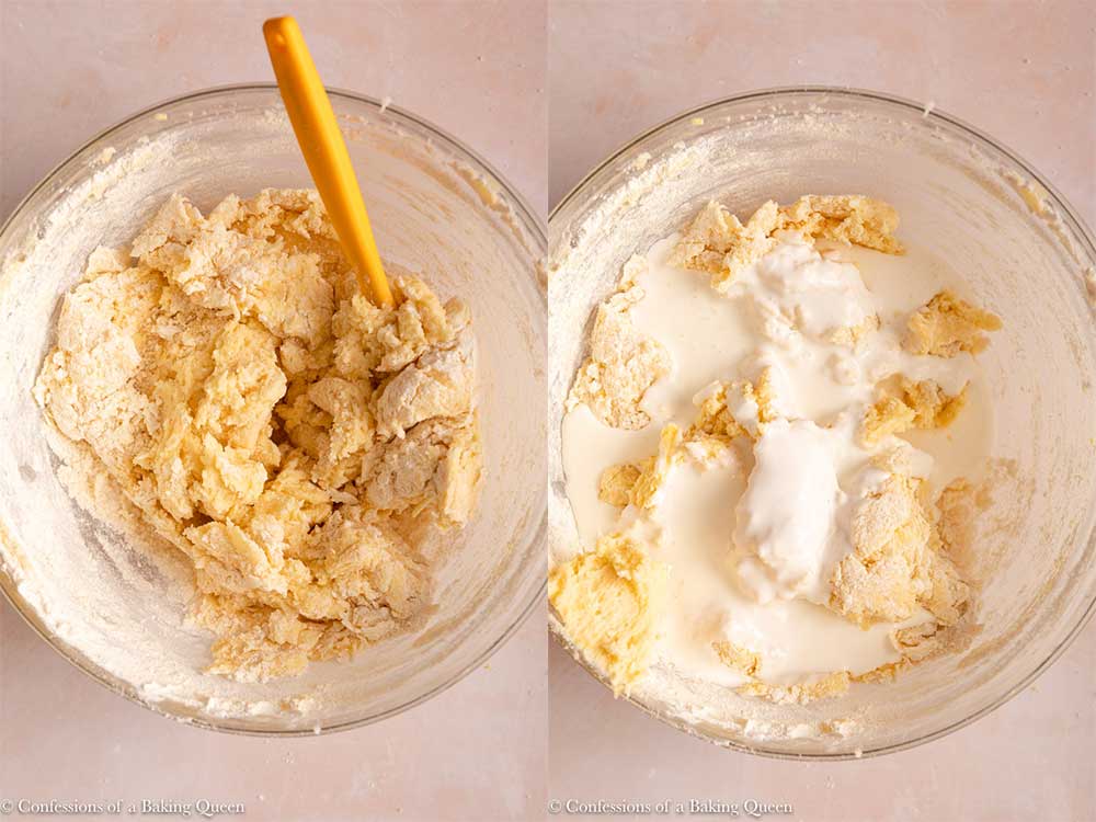 dry ingredients then liquid ingredients added to lemon cake batter in a glass bowl on a light pink surface