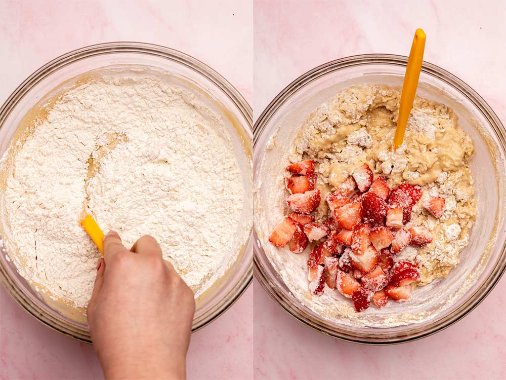 banana bread batter and strawberries stirred together