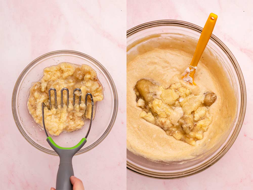 mashed bananas added to wet ingredients for banana bread