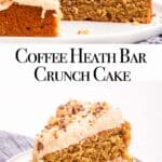 cut open coffee heath bar crunch cake on a light surface with a blue linen.