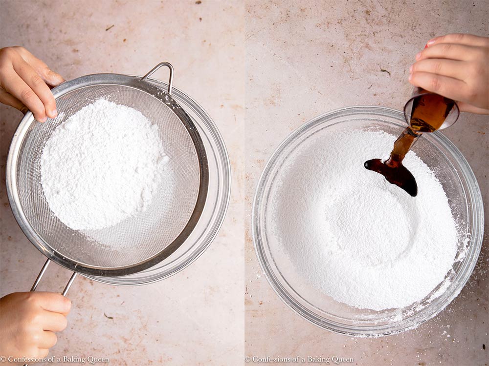 confectioners sugar sifted in a bowl with maple syrup poured on top in a glass bowl on a light brown surface
