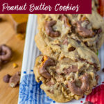 Chocolate Covered Pretzel Peanut Butter Cookies lined up on a colorful plate