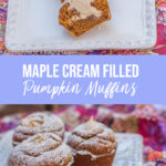 Maple Cream Filled Pumpkin Muffins cut in half with full muffins behind on a white plate over a colorful tea towel