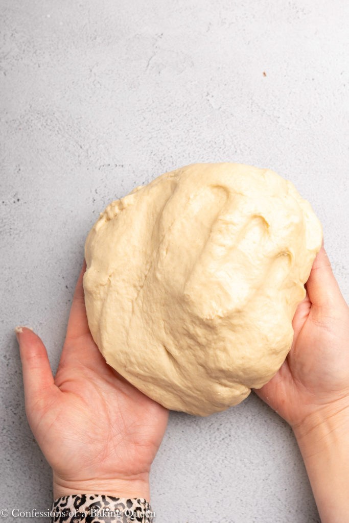 hand holding enriched dough