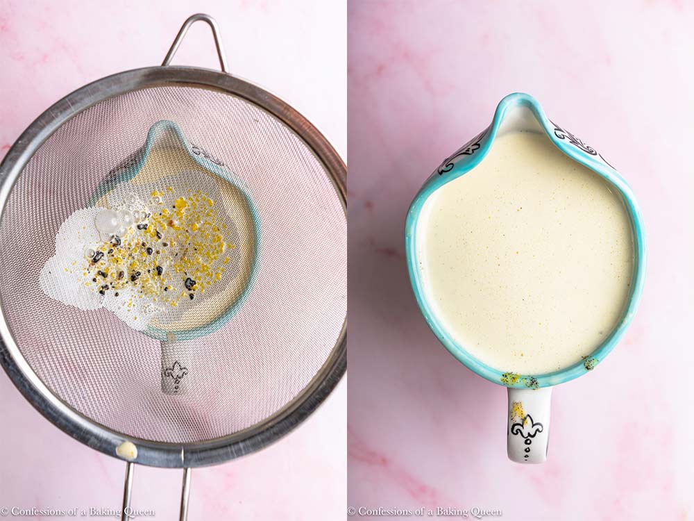 creme brulee mixture poured into a white and blue ceramic pitcher through a metal sieve on a pink surface