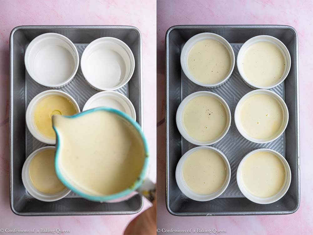 white chocolate creme brulee mixture being poured into ramekins ina metal baking pan on a pink surface