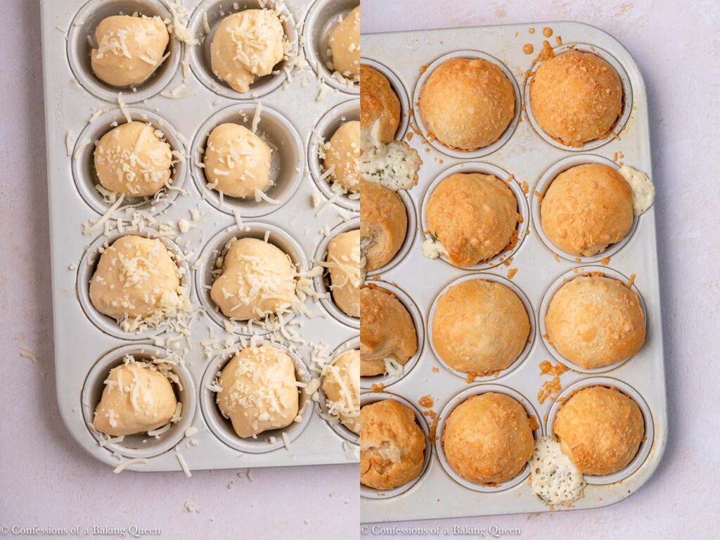 pizza puffs before and after baking in a metal tray on a light pink surface