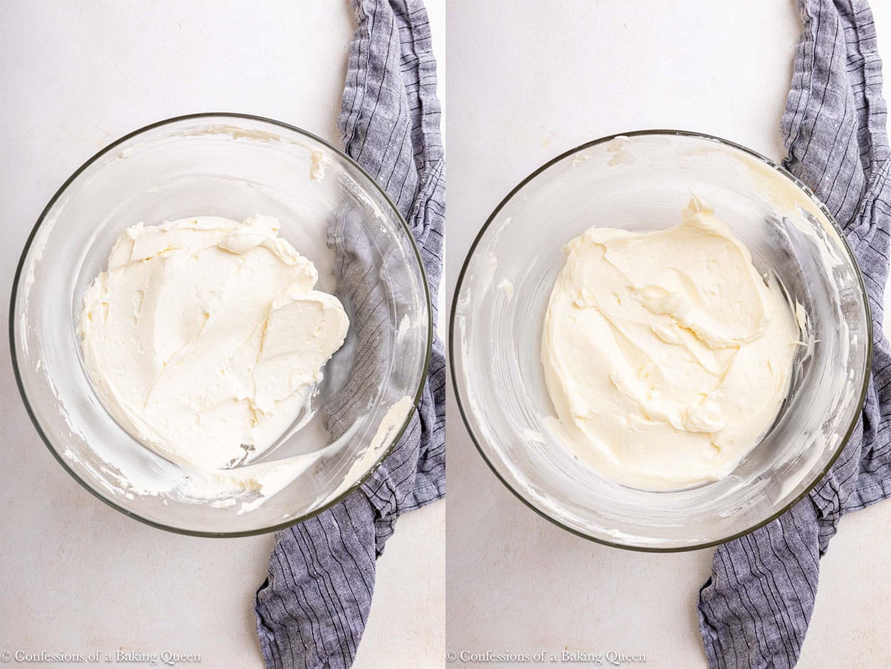 cream cheese whipped until soft then sugar mixed in to the cream cheese in a glass bowl on a light surface with a blue linen.