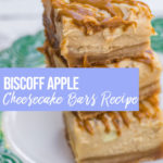 Biscoff Apple Cheesecake Bars stacked on top of each other on a white plate with green rim on a white background