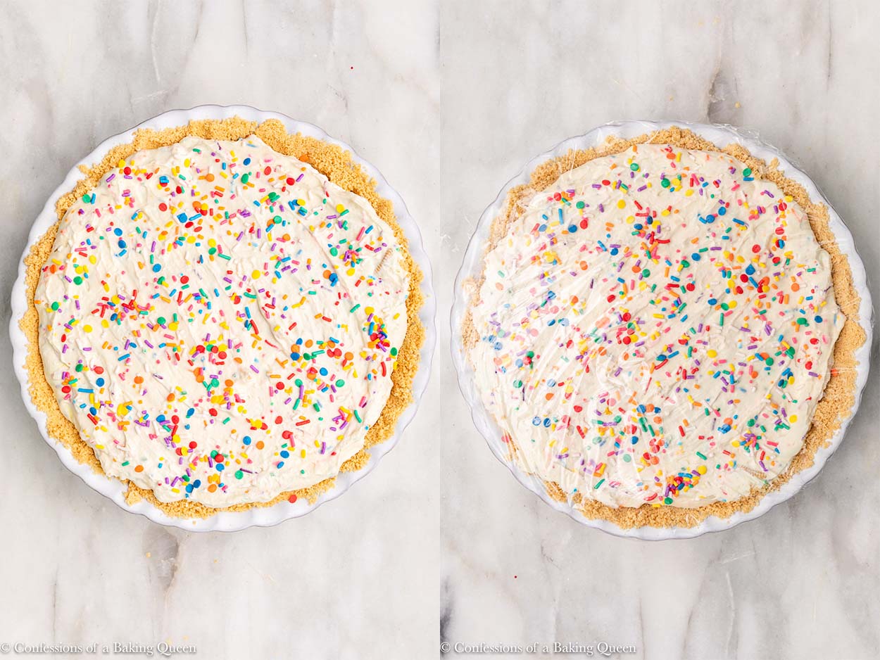 golden oreo cake batter pie covered with sprinkles and then wrapped in plastic wrap on a white marble surface