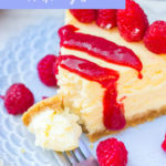lemon cheesecake on a purple plate with a silver fork taking a bite on a white background