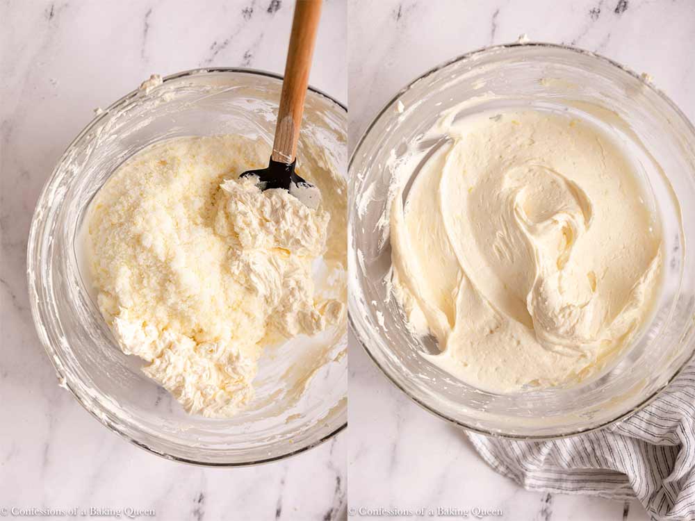lemon zest sugar mixed into cream cheese until thick and creamy with a spatula in a large glass bowl on a marble surface with a white and blue linen