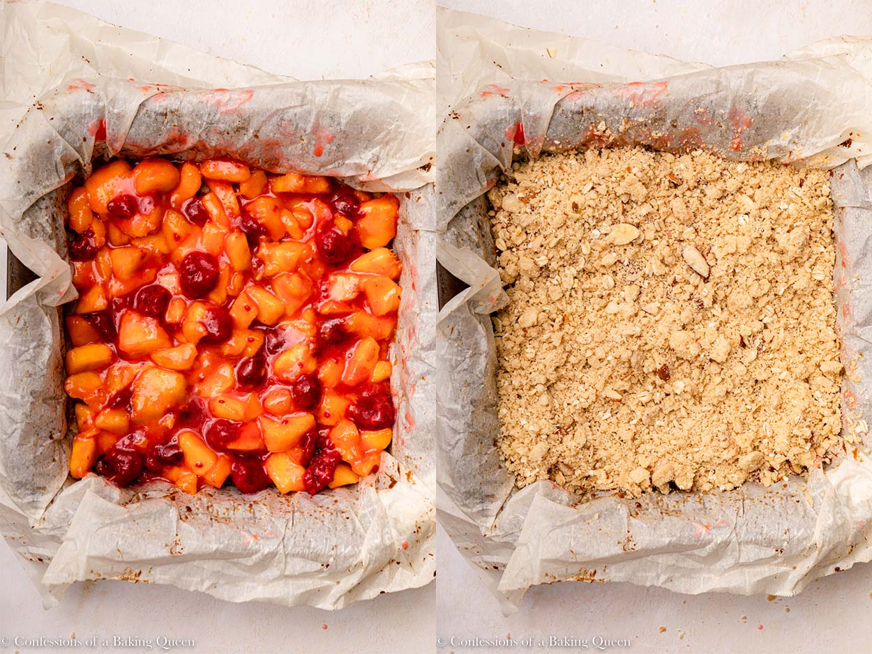 peach raspberry filling topped with crumb mixture before baking in a parchment lined pan on a light surface