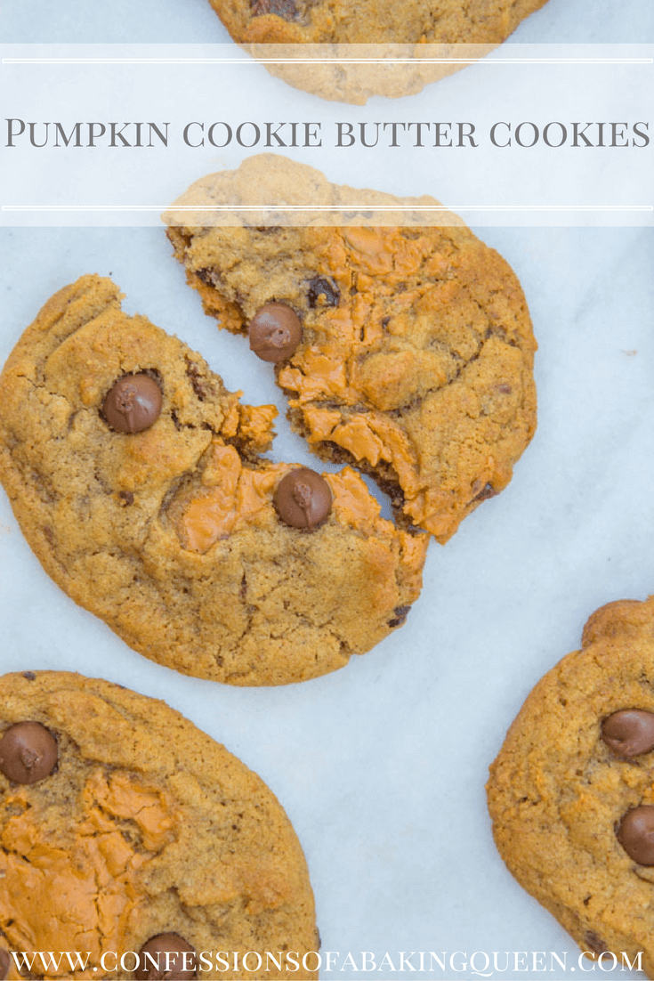 Pumpkin Chocolate Chip Cookie Butter Cookies broken on a white marble background