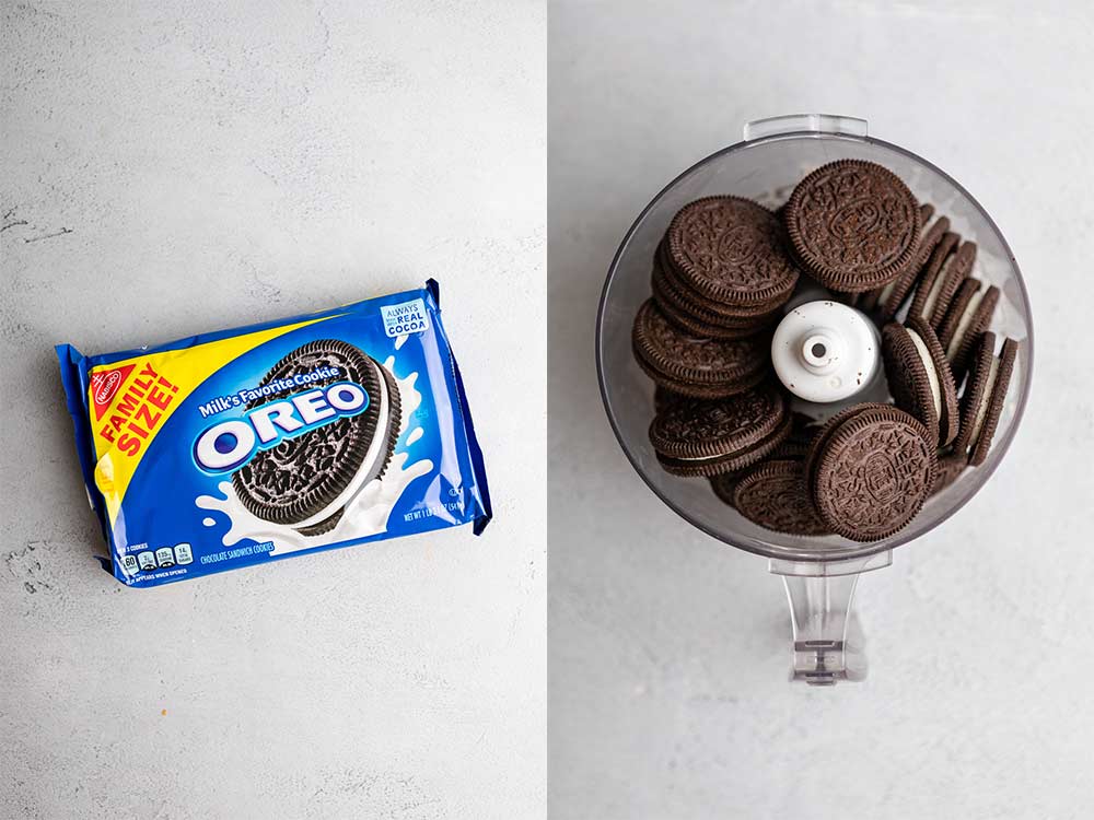 pack of oreos in packaging then in a bowl of a food processor on a grey surface