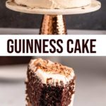 slice of guinness chocolate cake next to a bottle of baileys and guinness