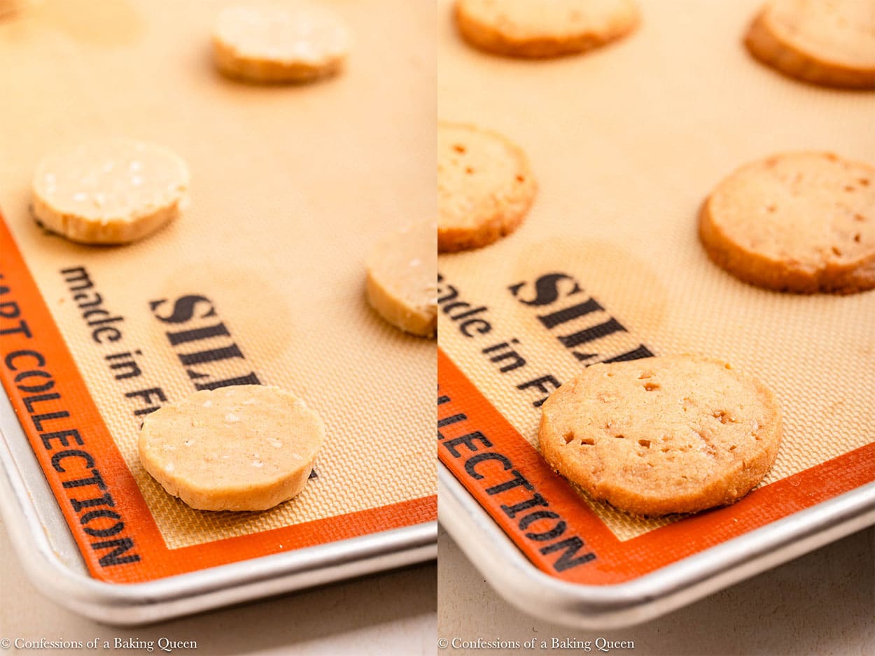 brown butter toffee cookies before and after baking on a silpat lined baking sheet on a light surface