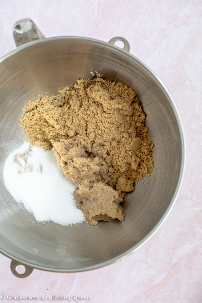 butter and sugar in a metal mixing bowl for a Butterscotch Oatmeal Cookies recipe