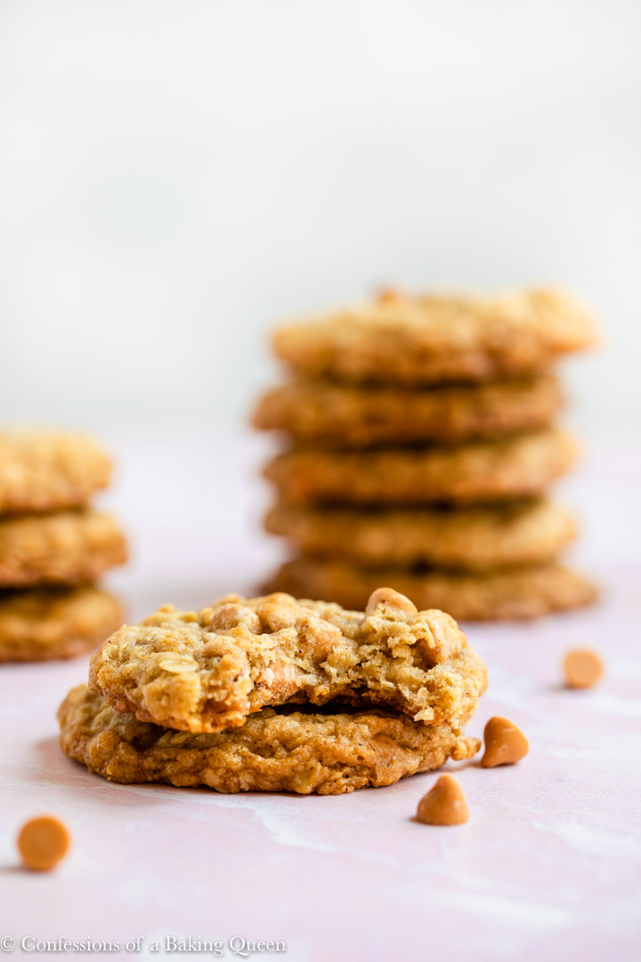 butterscotch oatmeal cookies baked and placed on a pink surface