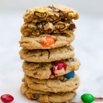 tall stack of peanut butter m&m cookies