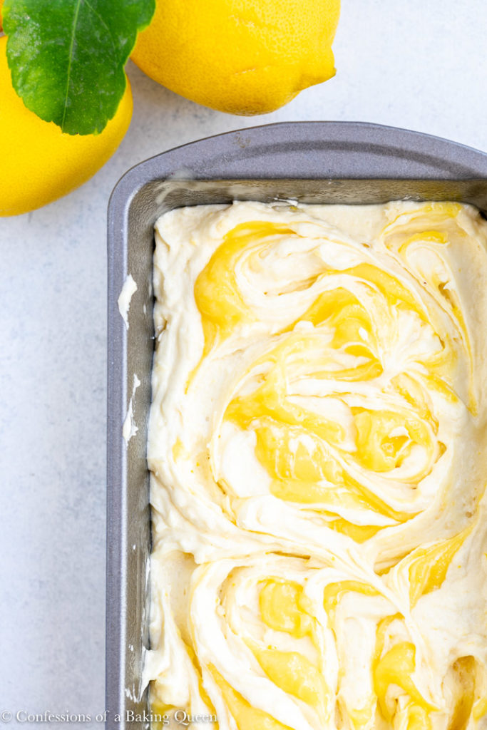 lemon curd swirled into lemon loaf cake