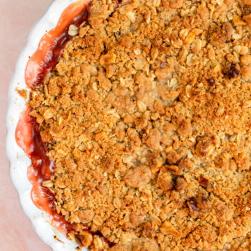 rhubarb crisp just baked to golden perfection