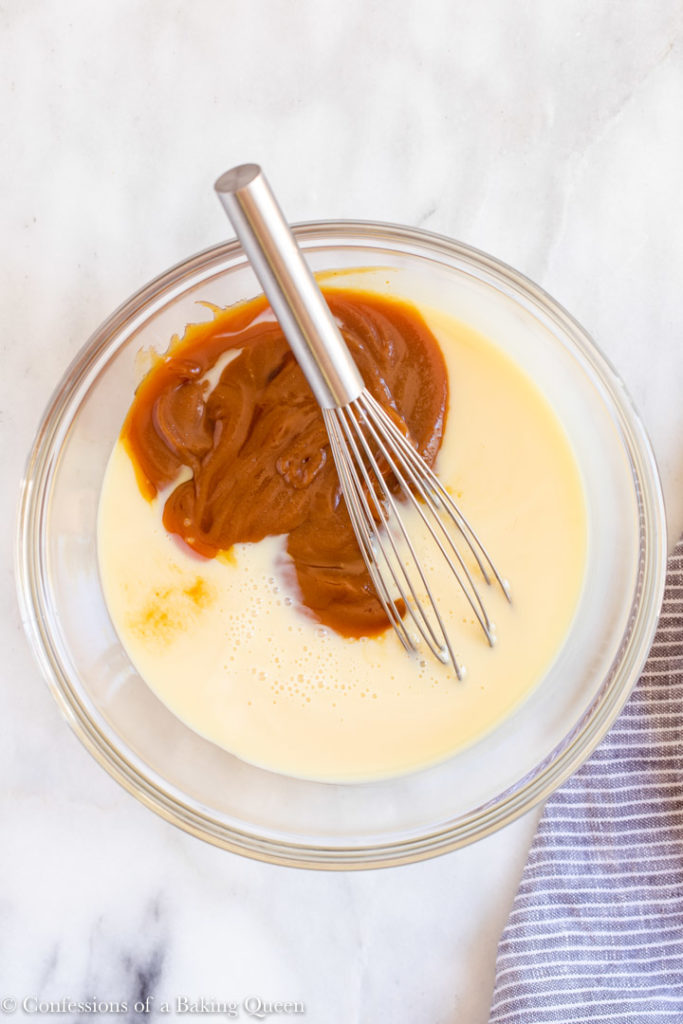 caramel and sweetened condensed milk in a small glass bowl