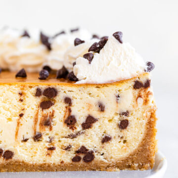 up close of the inside of chocolate chip cheesecake