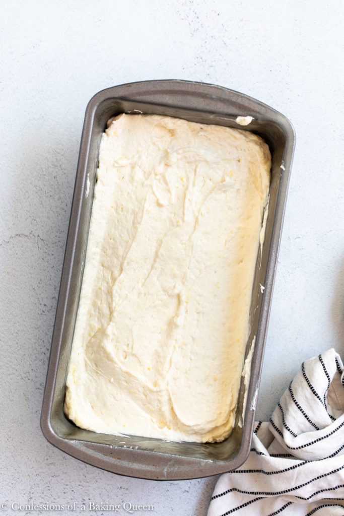 lemon pound cake batter in a loaf pan before baking