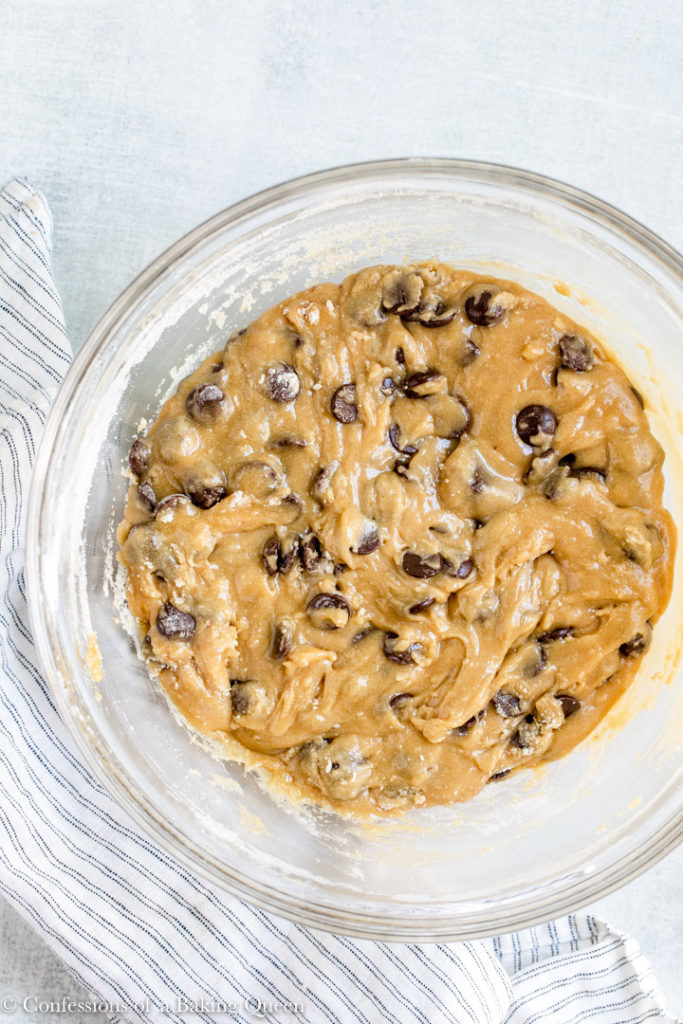 cookie dough batter in a large glass bowl