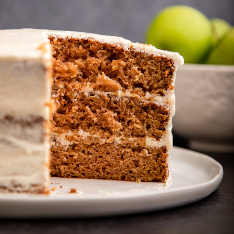 close up of the inside of an apple layer cake