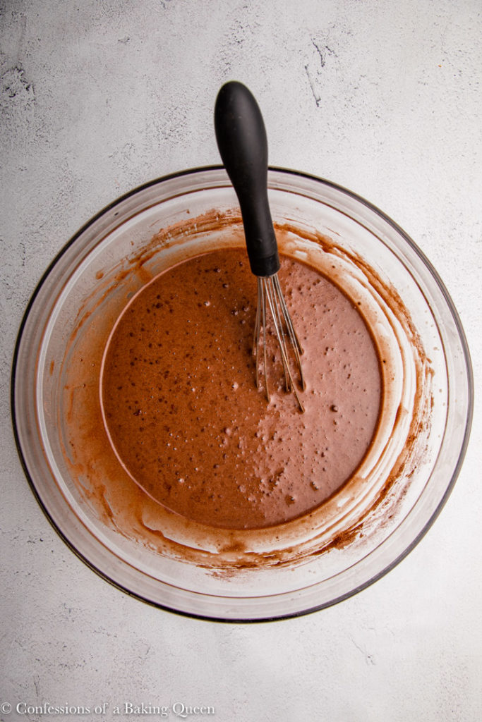 chocolate chess pie mixture in a large glass bowl