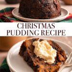 christmas pudding on a speckled plate on a christmas linen