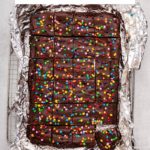 pan of cosmic brownies cut up into squares